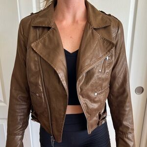 Brown faux leather shiny snake moto biker jacket